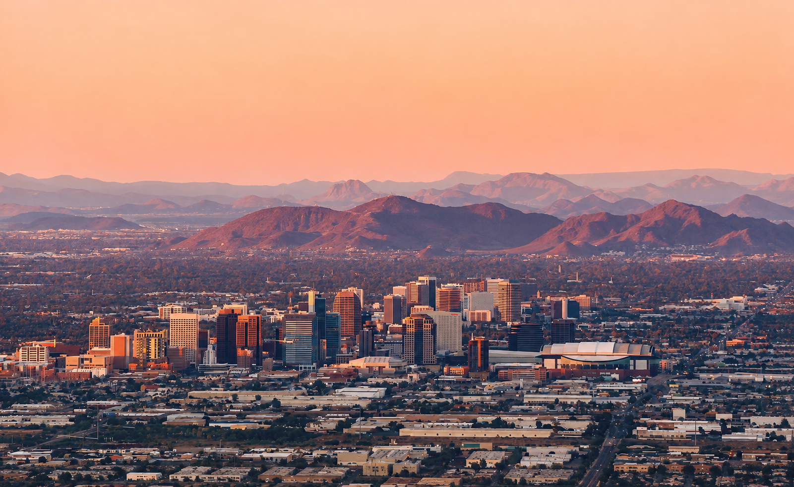 A Sun Belt city skyline at sunset
