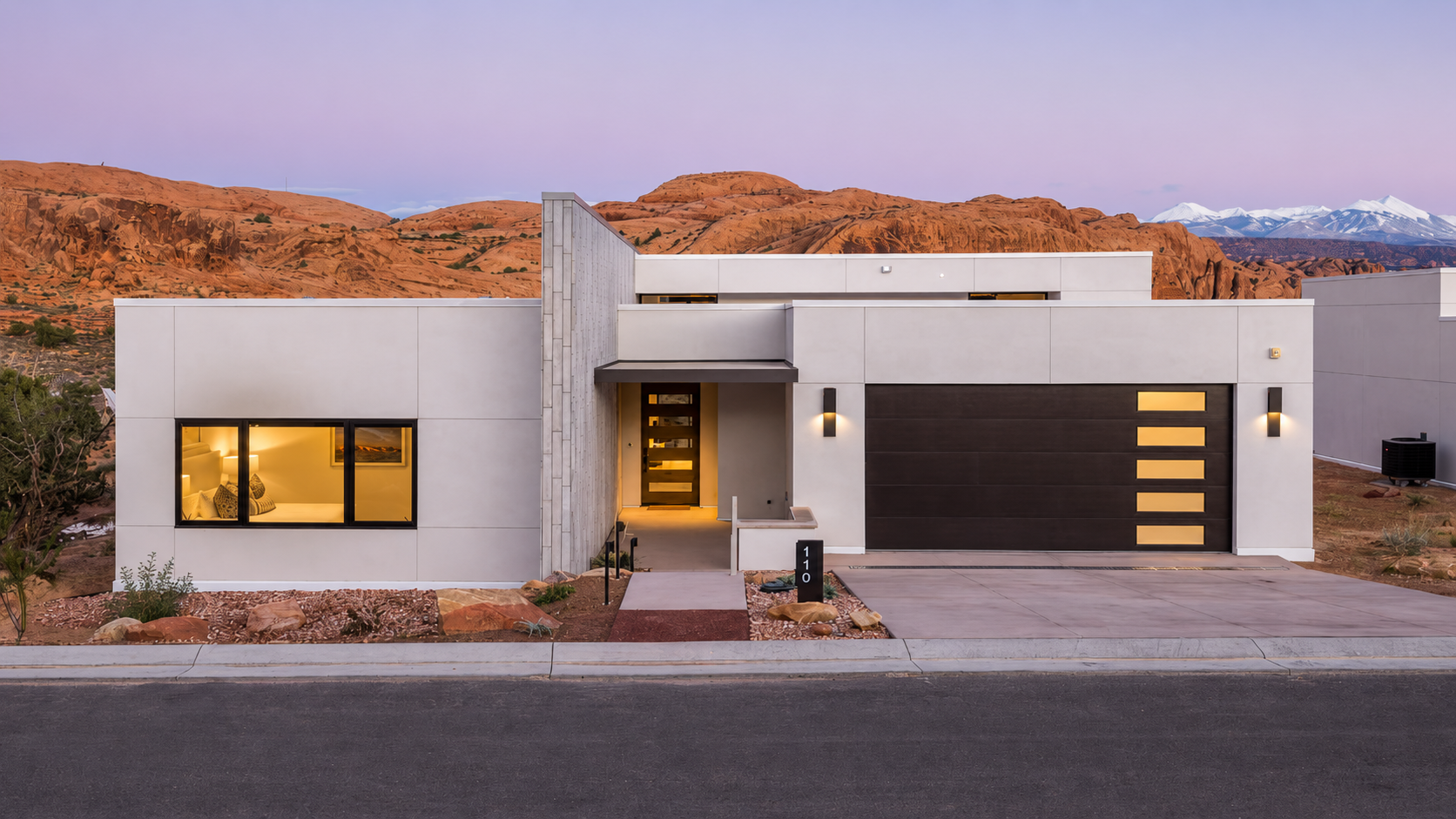 A finished landscaping project at golden hour