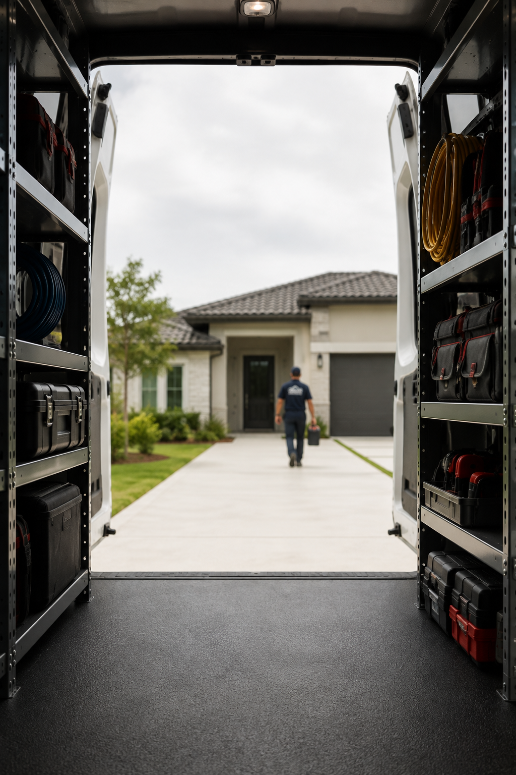 The inside of a service van, looking out toward a customer's home