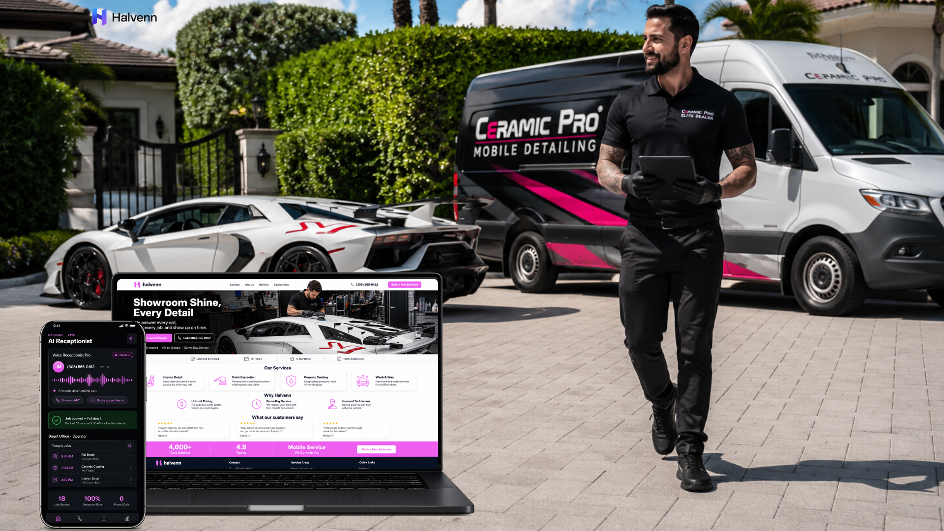 Halvenn services for auto detailing shown on a MacBook and iPhone
