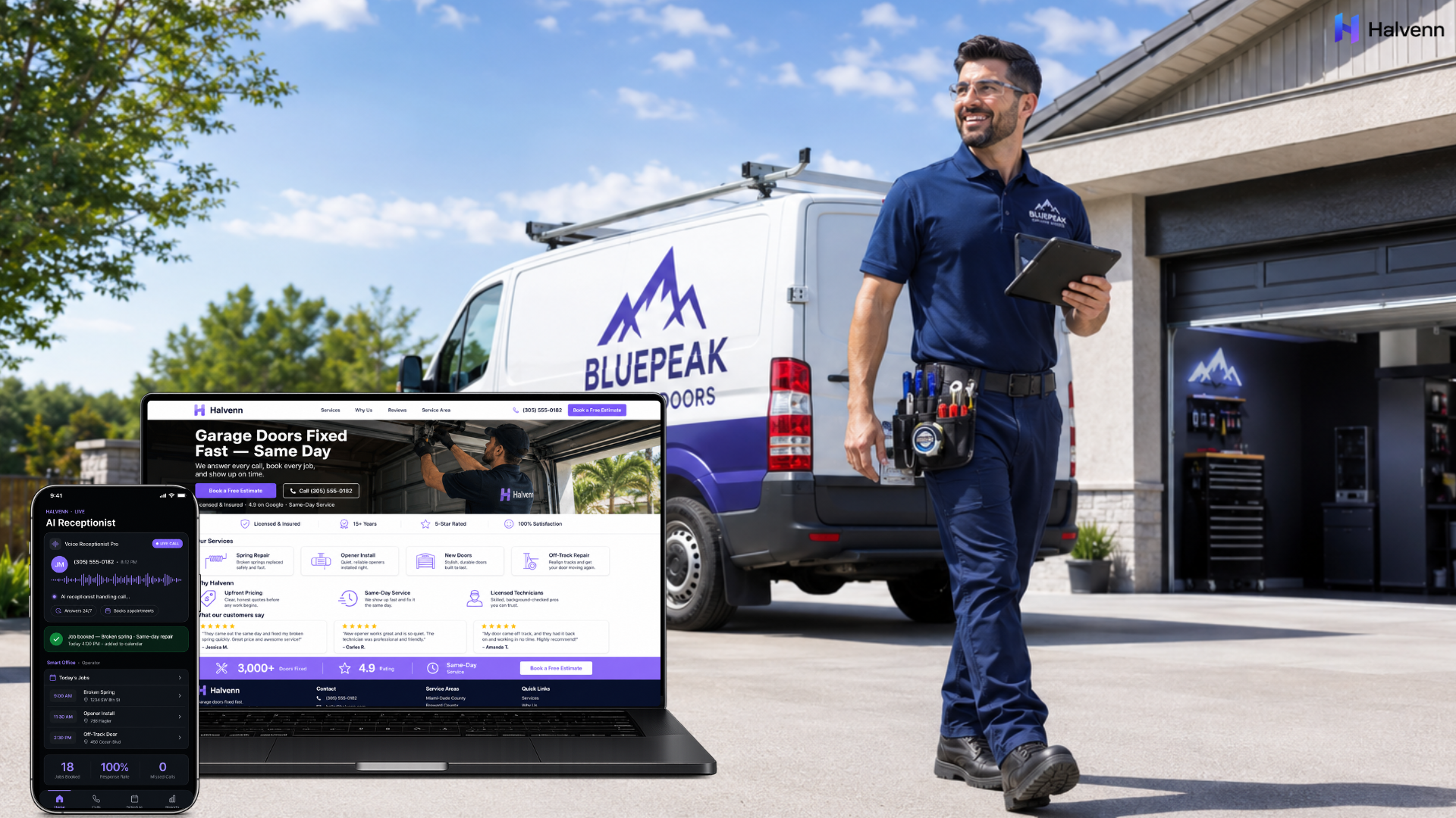 Halvenn services for garage door repair shown on a MacBook and iPhone