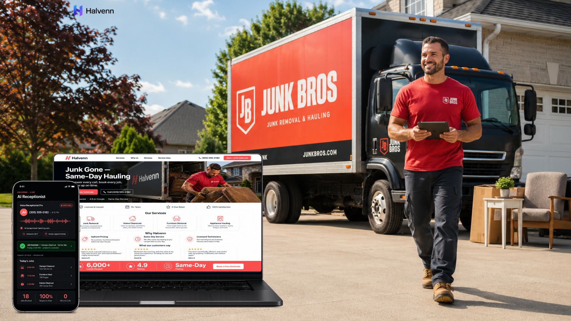 Halvenn services for junk removal shown on a MacBook and iPhone