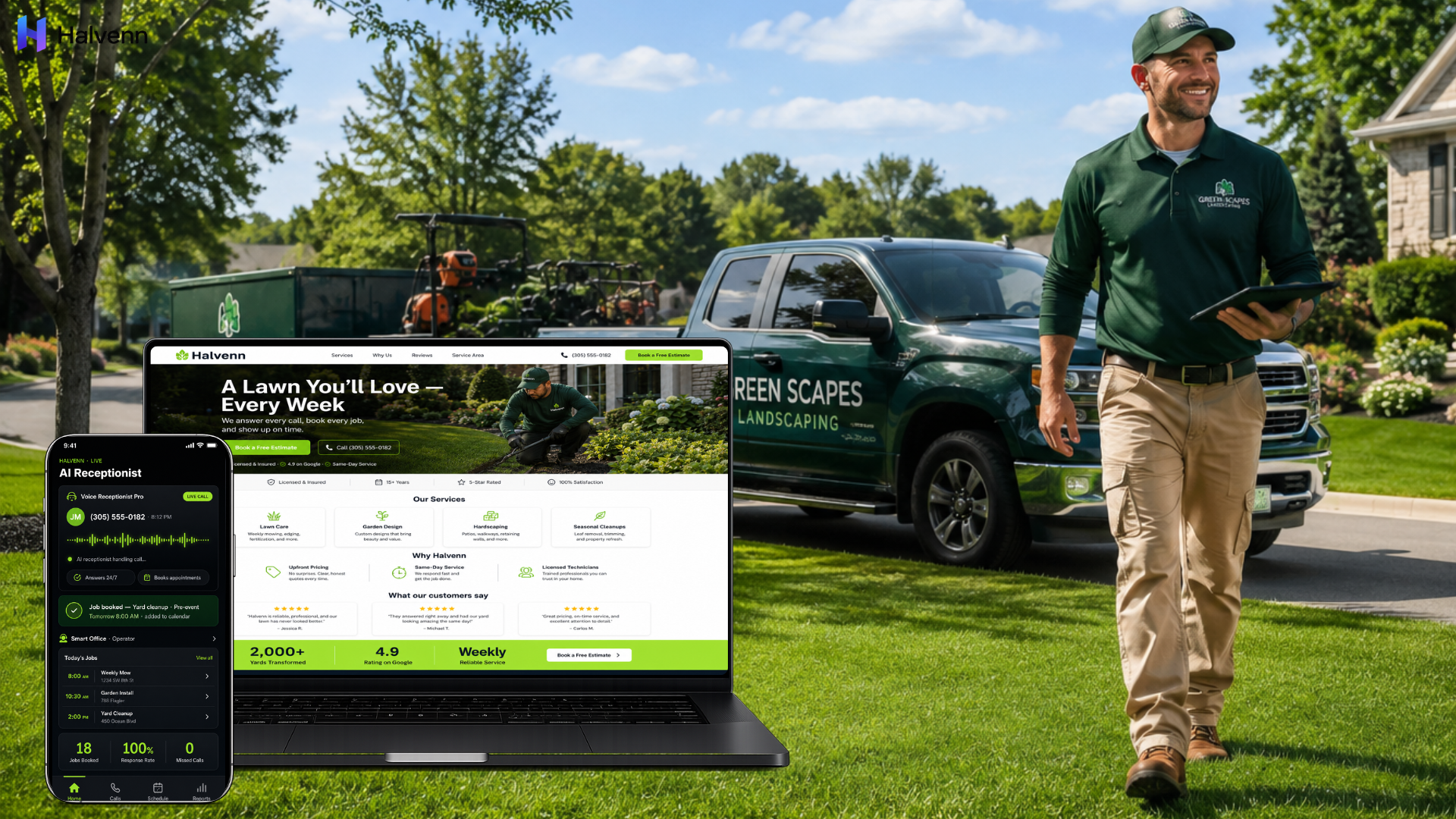 Halvenn services for landscaping shown on a MacBook and iPhone
