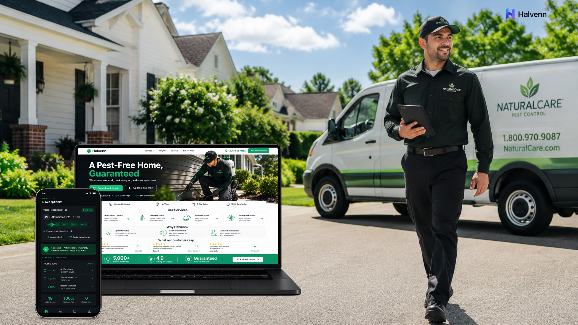 Halvenn services for pest control shown on a MacBook and iPhone