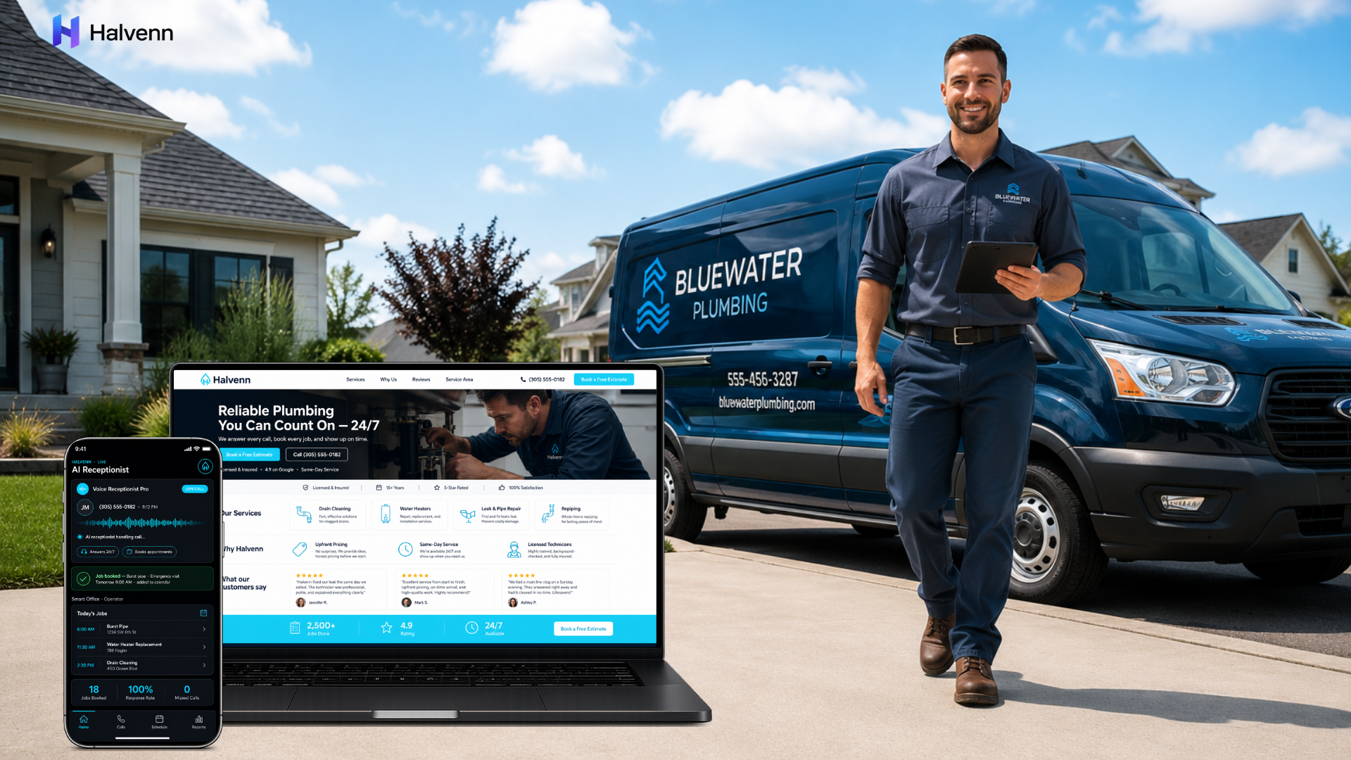 Halvenn services for plumbing shown on a MacBook and iPhone