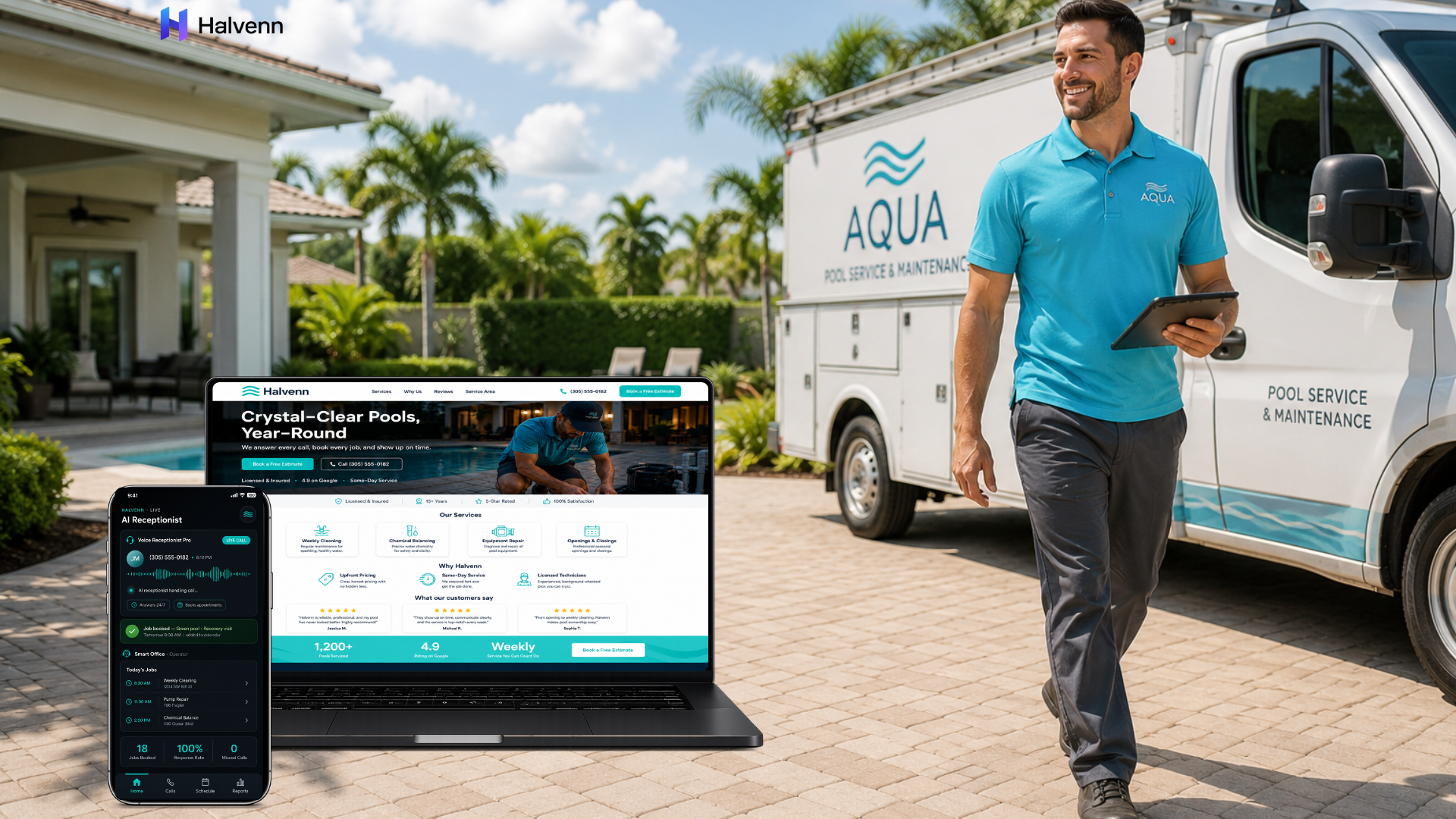 Halvenn services for pool service shown on a MacBook and iPhone