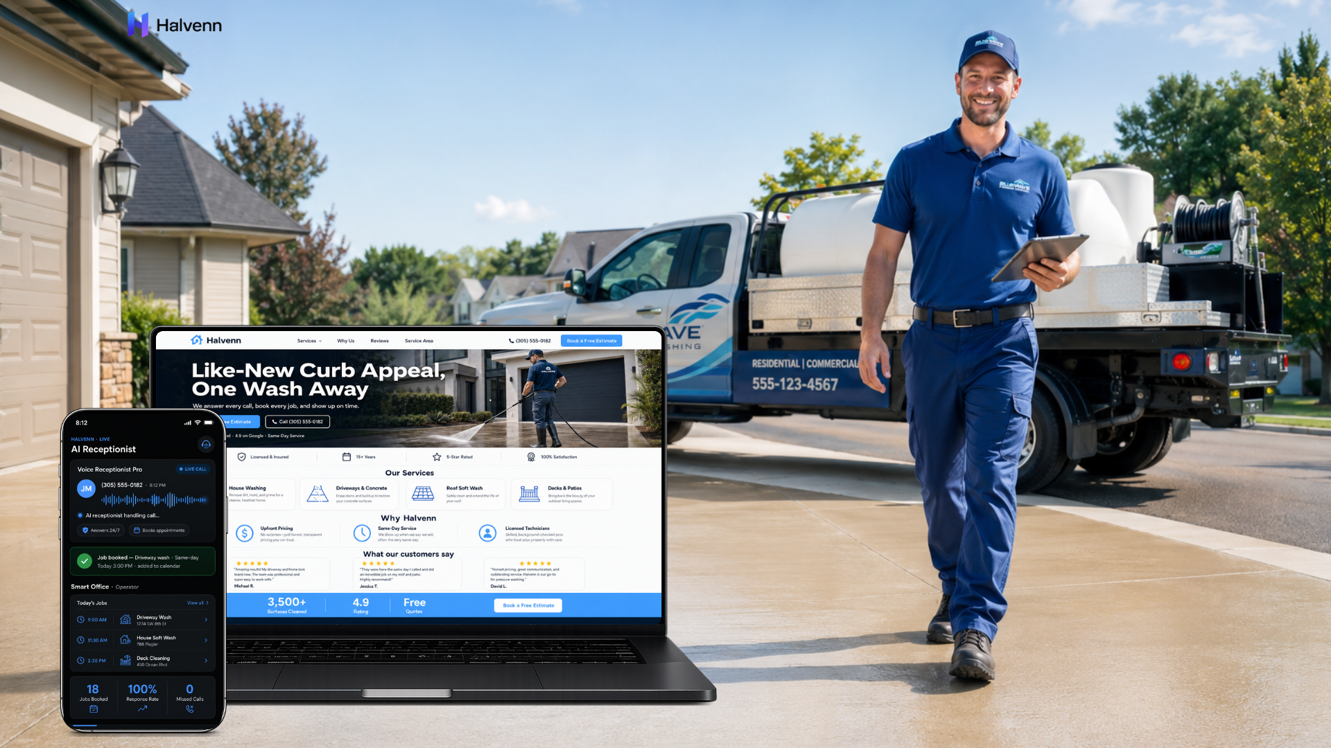 Halvenn services for pressure washing shown on a MacBook and iPhone