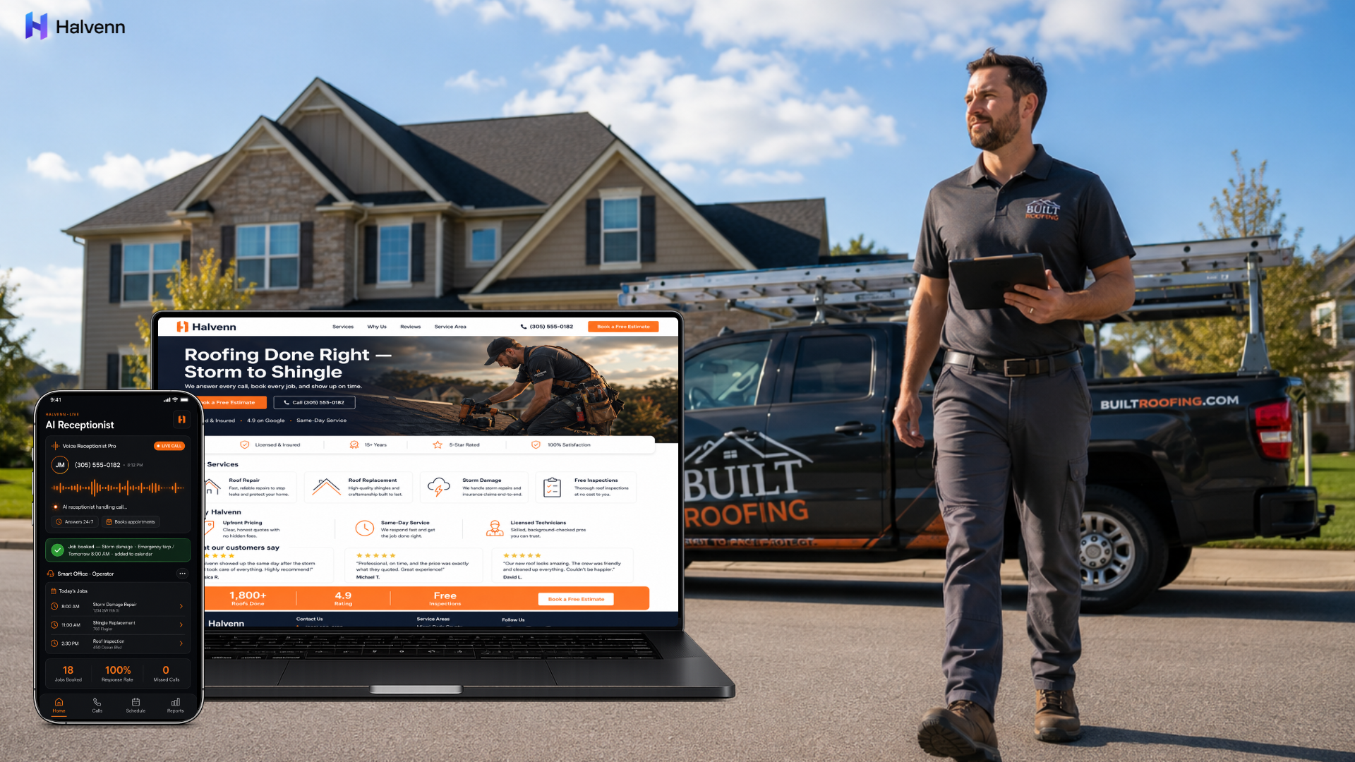 Halvenn services for roofing shown on a MacBook and iPhone