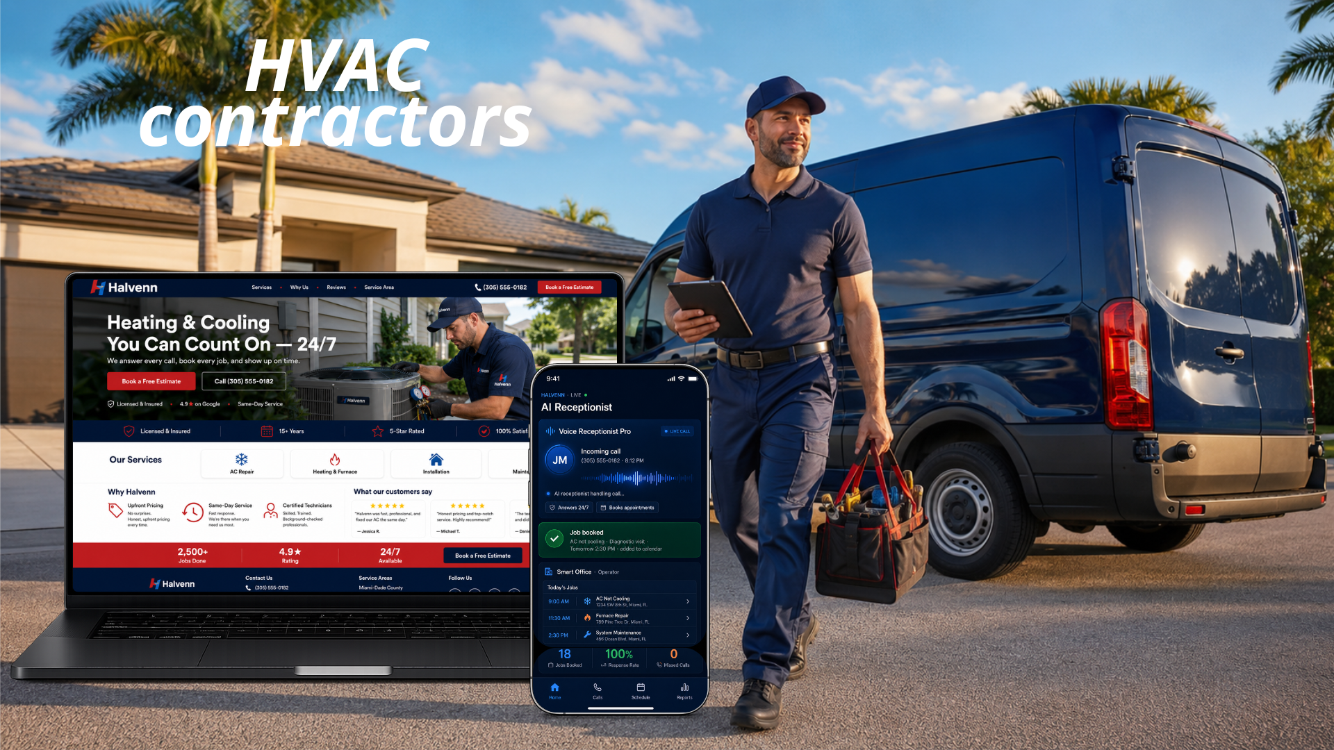 Halvenn services for HVAC shown on a MacBook and iPhone